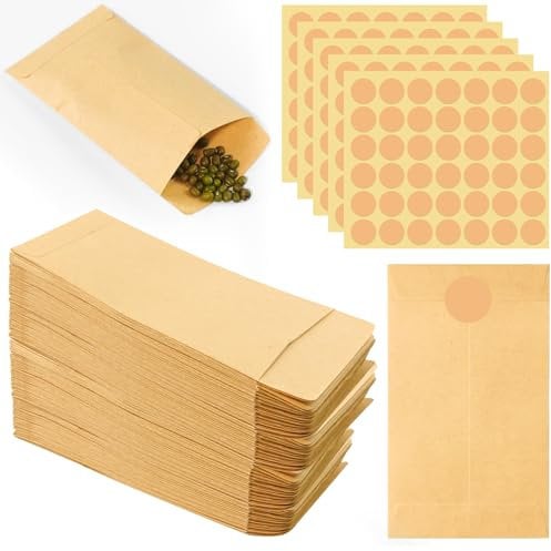 Hengxinchen 200 Stück Samentütchen Papiertüten Mini 6x10cm Mini Papiertüten Braun,mini kraftpapier tüten für Saatgut Aufbewahrung,Basteln,Hochzeit und Weihnachten,Papiertüten Klein mit Aufkleber Rund