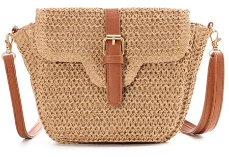 EVEOUT Sac à bandoulière en paille pour Femmes Filles Sac de paille à boucle Sac à main d'été en paille sac de plage tissé pour vacances voyages(Marron clair)