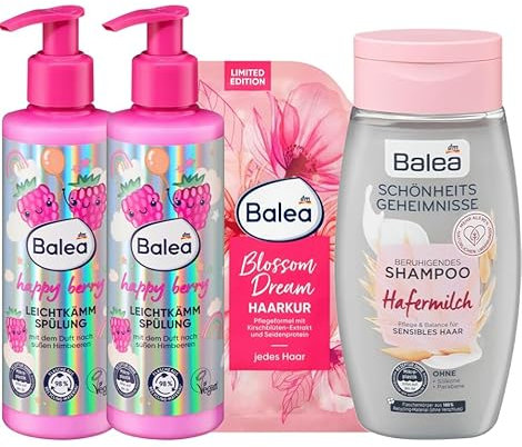 Balea 4er-Set Familien-Haarpflege: 2 x Leichtkämmspülung HAPPY BERRY Conditioner mild (2 x 200 ml) + Haarkur BLOSSOM DREAM (20 ml) + Shampoo HAFERMILCH beruhigend für sensibles Haar (250 ml), 670 ml