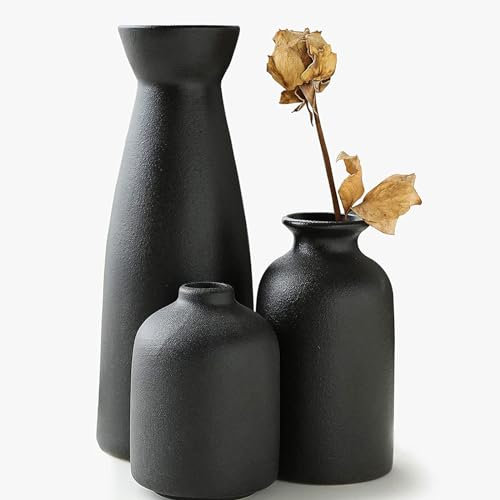 Ceramic Vase,Simple Nordic Style Decorative Flowers Vase,Ceramic Vase Set of 3 Small Vases for Flower Pampas Modern Boho Vases for Living Room Desk Shelf Decor, Black