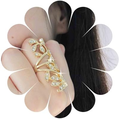 Aneneiceera Boho Lange Kristall Blatt Ring Gold Cz Volle Finger Ring Strass Spirale Verdreht Lange Ring Großes Blatt Blume Ring Vintage Einstellbare Erklärung Ring Schmuck Für Frauen Mädchen (Gold)