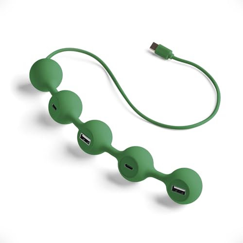 Peas HUB Adaptateur USB C Lexon, Multiport USB avec 2 Ports USB-A et 2 Ports USB-C, Charge et Transfert de Données pour Ordinateur, Tablettes, Smartphones, Protection Anti-Surchauffe (Vert Sombre)