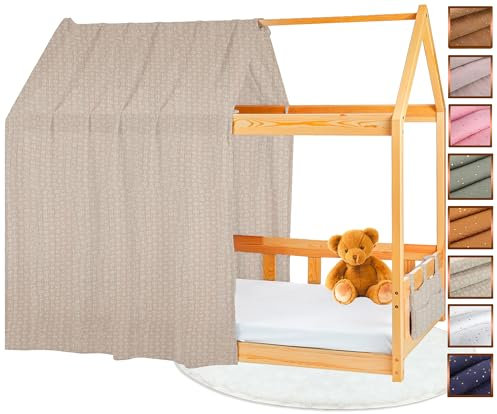 Lovely Hippo Hausbett Himmel - 100% Baumwolle - Betthimmel Hausbett aus Musselin - Bett Vorhang Kinderbett - Himmelbett Vorhänge 90x200cm (Beige mit Blättern Tasche, 120 x 370 cm (1er Set))