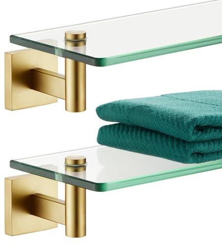 KOKOSIRI Wandregale, schwebendes Regal, 40,6 cm, goldfarben, Edelstahl, Badezimmer-Hardware, gehärtetes Glas, Hängeregal, Aufbewahrung/Raumdekoration, 2 Stück, B1105BG-L16-P2