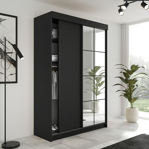 KIER FURNITURE Schiebegarderobe LAMARO mit Spiegel - Schrank Schlafzimmer – Schlafzimmerschrank – Wardrobe Bedroom – Kleiderschränke – Kleiderschrank - 167x205x59cm - Schwarz