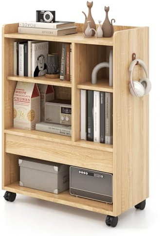 COSTWAY Sofa Side Table, Mobile Bedside Table Storage Cabinet with Drawer, Adjustable Shelves, Open Compartments and Hooks, Wooden Snack End Table on Wheels for Living Room Bedroom (Natural)