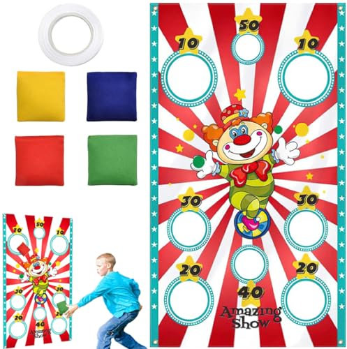 YANXINKE Carnaval Juego Lanzamiento Payaso con 4 Bean Bags,Carnival Toss Games Banner,Pancarta Juego Lanzamiento Circo Payaso,Circo Juego Lanzamiento Pancarta,para Interior y Exterior Juguetes Niños