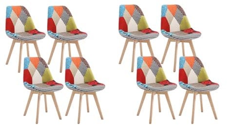 WOLTU Esszimmerstühle 8er Set, Küchenstühle mit Patchwork Design, mit Massivholz Beinen, Leinen, bis 150 kg belastbar, Mehrfarbig