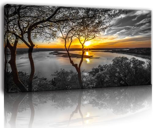 Bamdeya Schwarz-weiße Leinwand Wandkunst Schlafzimmer See Baum Druck Kunst Wald Gold Sonnenuntergang Poster Bild Natürliche Landschaft Kunstwerk Landschaftsmalerei Wohnzimmer Wanddekoration Moderne