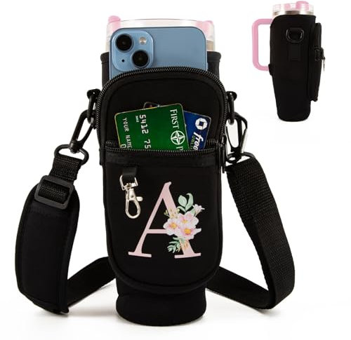Initial Bottle Cup Holder for Stanley 40oz Tumbler, Neoprene Water Bottle Carrier with Adjustable Strap Straw Cover & Carabiner for Stanley Cup Accessories, Stanley Bag for Cup with Phone Pocket (A)