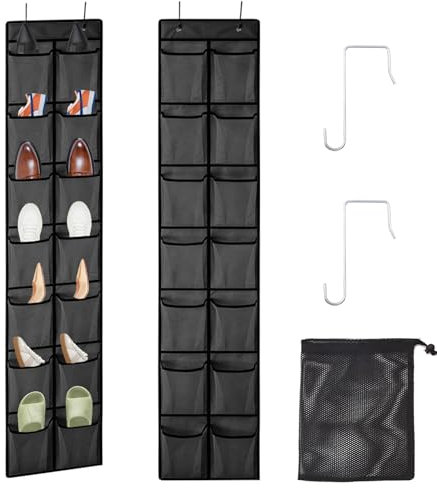 VEGCOO Almacenamiento de zapatos colgante, organizador de zapatos sobre la puerta, zapatero de puerta, 14 bolsillos grandes de malla, 2 ganchos con bolsa de cordón, organizador de zapatos colgante