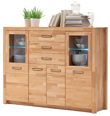 Lomadox Wohnzimmer Highboard Vitrinenschrank mit LED-Beleuchtung, Kernbuche massiv geölt keilgezinkt, Echtholz/Massivholz
