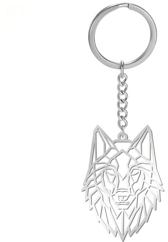 YIQPKUM Edler Wolfskopf Schlüsselanhänger aus Edelstahl Wildtier Accessoires für Damen Auto Handtasche Geschenk (Versilbert)