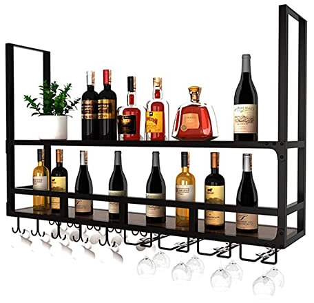 JYHHGDS Industrielle Retro-Weinregale, 2-stufiger Weinglashalter aus Eisen an der Decke und Dekorationsregal, Hängeregal, schwarzes Pflanzengeländerregal, 120 x 30 x 85 cm
