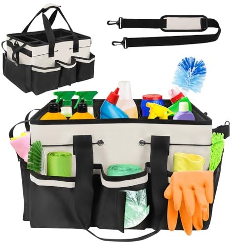 Yallmie Cleaning Caddy Bag with Handle, Cleaning Products Organiser Adjustable Gardening Tool Storage Bag, Caddy Organiser Large Multi Pocket Bucket Tool Bag for Home, Car, Garden, Craft (White)