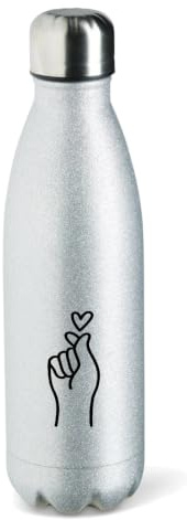 Huuraa Glitzer-Trinkflasche K-Pop Fingerherz Zeichen, Silver, 500 ml | Isolierflasche aus Edelstahl als Geschenk für Musikfans.