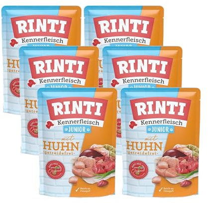 Rinti Kennerfleisch Junior Huhn | 6 x 400g Frischebeutel | Welpenfutter mit 70 % Fleisch | Mit Lachsöl (Omega 3) & Rübenfaser | Getreidefrei | Für heranwachsende Hunde | Ohne Zusatzstoffe