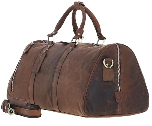 Ashwood Classic Leather Weekend Travel Bag - Men's & Women's Overnight Holdall, Gold Hardware, Large Travel Duffel with Shoulder Strap Spacious Interior & External Zip Pockets - Q-46 (Brown)