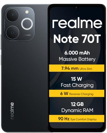 realme Note 70T Smartphone 4+64GB, Capacious 6000mAh Battery, 15W Fast Charging with Reverse Charging 6W, 24GB Dynamic RAM, Eye-Friendly Display 90Hz Black