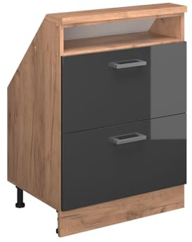 Vicco Dachschrägenschrank Rion, Anthrazit Hochglanz/Goldkraft Eiche | B60 x T46 cm, mit 2 Schubladen, platzsparend für Dachschrägen