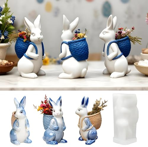 Nexoria Silikonformen Gießformen Ostern, 3D Hase Silikonform Kerzen Silikonform Osterhase mit Korb Kerzenformen zum Gießen Gießformen Silikon Ostern Kaninchen Gießform Kerzen für Handwerk (A)