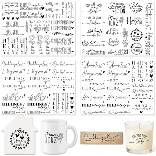 Farbeele 4 Stück Rub On Sticker, UV Transferaufkleber Folie 19x14cm für Glas, Holz, Karten, Scrapbooking, DIY Handarbeiten, Basteln, Geschenkidee, Wohndeko, Party Deko (Lieblingsmensch)