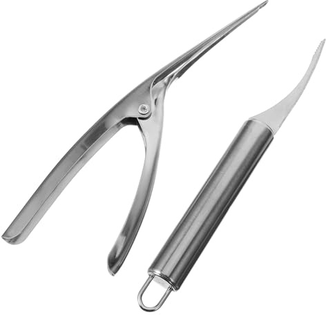 MUELODSIC Set 2 Pezzi Scrostatore per Pesci in Acciaio Resistente con Pinza Sbucciatori Ergonomici per Gamberetti Portatili Utensili da Cucina per Pulizia Gamberi Uso Quotidiano