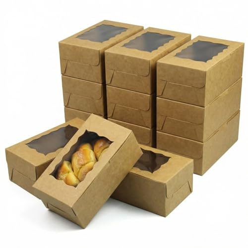 12 Pack Kraft Cookie Boxes, Small Cupcake Boxes Cardboard with Window, Disposable Brownie Bakery Boxes for Biscuits Pastries Cake Packaging, Ideal for Party Christmas Baking Gifting 15.2x8.7x5cm