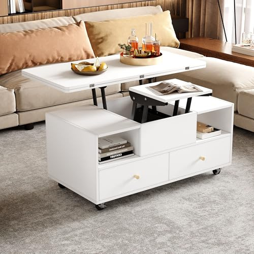 Bladez Couchtisch mit höhenverstellbarer Platte | 2-in-1 Multifunktionstisch, Mit 2 Schubladen & Schrank | Weiß & Holzumwandelbar in Esstisch | (White + MDF)