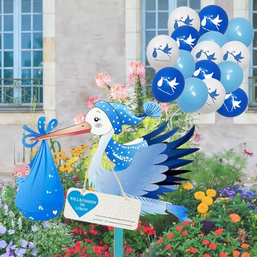 HuaMuDM Klapperstorch Set zur Geburt Baby, 81 cm hoch Babystorch, 15Pcs Neugeborene Balloon, Geburt Babystorch für Draußen, Holzstorch Zur Geburt, Großer Storch aus Holz