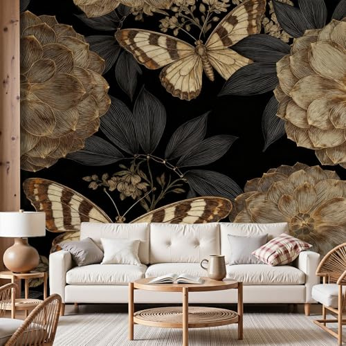 Dyjuaa Vintage Blumen Fototapete 100x70 cm Schmetterling Tapete Natur Pflanzen Fototapeten Vlies Tapeten Vliestapete Wandtapete Wandbild Wand Schlafzimmer Wohnzimmer Ornament