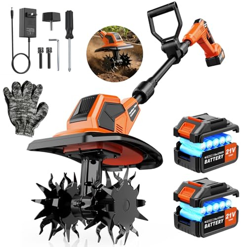 Motozappa elettrica da 21 V, con 2 batterie da 3,0 Ah e caricabatterie, larghezza di lavoro 23 cm, profondità 17 cm, Velocità 400 rpm, Motozappa per Orto Elettrozappa, Motozappa per terreni