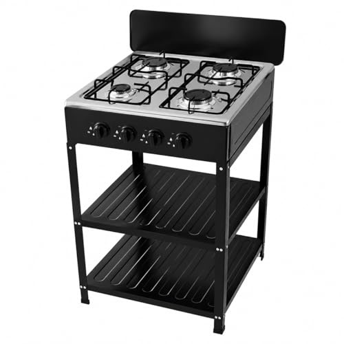 FENIX HOME Fornello a Gas 4 Fuochi Portatile con Supporto a 2 Ripiani in Acciaio, Cucina da Esterno SOLO GPL/LPG, Accensione Piezoelettrica, Ideale per Campeggio Giardino Terrazzo Picnic