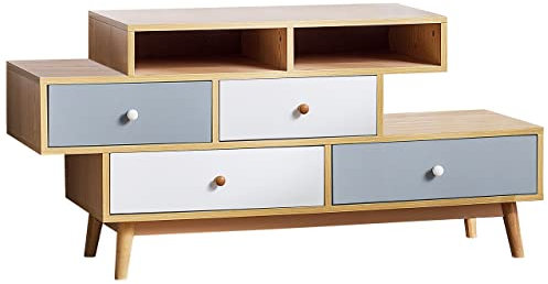 Beliani Meuble TV avec Rangement disposé en Quinconce avec 4 Tiroirs Bleu et Blanc et 2 Espaces Ouverts Pieds en Bois d'Hévéa