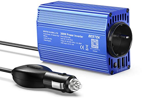 BESTEK 300W Wechselrichter/Spannungswandler 12v 230v /Stromwandler Inverter 12v auf 230v /mit Zertifiziert und Dual USB 2,4 A inkl. Kfz Zigarettenanzünder Stecker, Blau