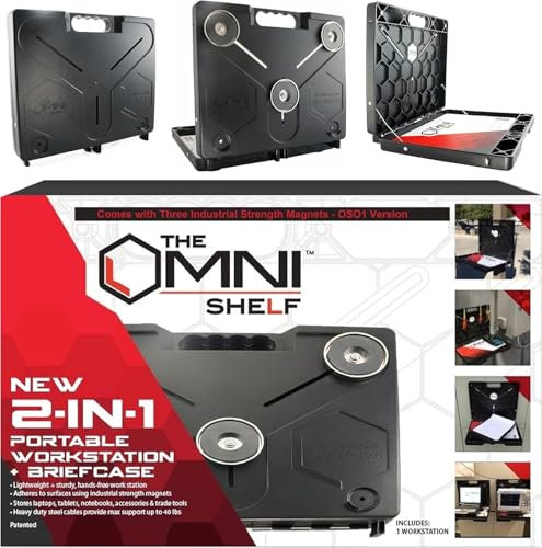 OmniShelf Station de travail portable, boîte à outils magnétique, support pour ordinateur portable avec capacité de 18 kg, poste de travail mains libres, se fixe au CVC, camions, murs, poteaux, etc.