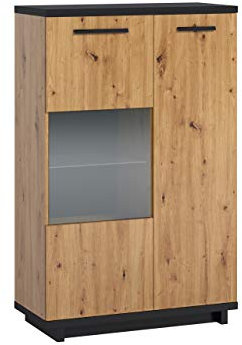 Mirjan24 Vitrine INES WIT90 in Holz-Optik Vitrinenschrank, Glasvitrine, Hochschrank, Highboard, Wohnzimmerschrank (Eiche Artisan + Schwarz/Eiche Artisan, mit weißer LED Beleuchtung)
