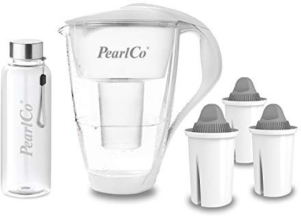 PearlCo - Glas-Wasserfilter (weiß) mit 3 Protect+ classic Filterkartuschen (f. hartes Wasser) + 1 Trinkflasche aus Glas