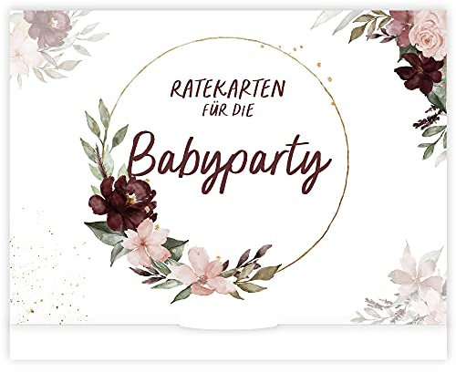 HIMMEL.HERZ.PAPIER® Babyparty Spiele - 25 Babyshower Karten zum Ausfüllen für Babyparty Mädchen und Jungen - Ratespiel inkl. Box - Bordeaux