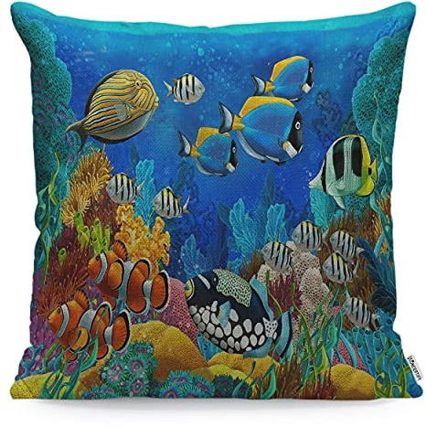 Wondertify Kissenbezug mit Ozeanfisch, Motiv: Fische, Meereswelt, für Couch, Heimdekoration, bunt, 45 x 45 cm