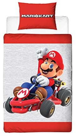 Nintendo Character World Mario Kart-Bettwäsche-Set, offizielles Einzelbett, wendbar, zweiseitig, inklusive passendem Kissenbezug, Marken für Einzelbett, Rot und Grau, Nahaufnahme-Serie