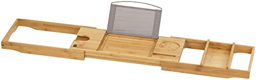 BadeStern Badewanne Buchhalter: Verstellbare Badewannen-Ablage aus Bambusholz, 75-109 cm Breite (Badewannenhalter, Badewannenauflage, Laptop Ständer)