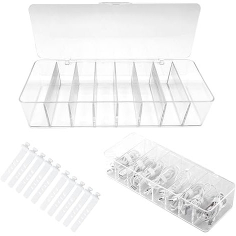 Kabel Organizer Box, Kabel Aufbewahrungsbox, Transparenter Kunststoff Kabelmanagement Box mit 8 Fächern und 10 Stück Kabelbinder