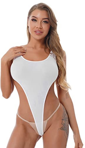 Oyolan Body String Sexy Femme Dentelle Micro Bikini Ficelle Dos Nu Lingerie Erotique Body Col V Décolleté Plongeant Monokini Maillot de Bain Type D Blanc Taille Unique