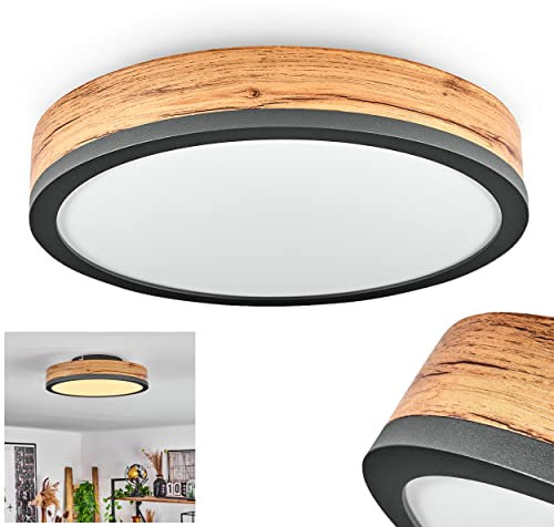HOFSTEIN LED Deckenleuchte Salmi, Deckenlampe aus Metall/MDF/Kunststoff in Anthrazit/Holzoptik/Braun/Weiß, Ø30 cm, 950 Lumen, 3000 Kelvin, 1 x LED 12 Watt (inkl.) IP20