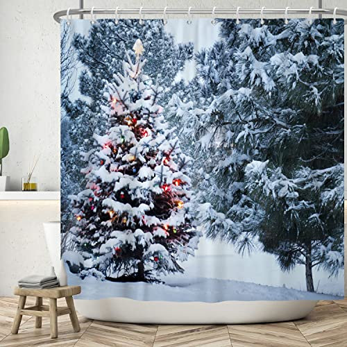 Bovlleetd 180x180cm Tenda da Doccia Invernale Con Neve e Lanterna Appesa - Bagno Con Albero di Natale 3D, Foresta di Pini, Impermeabile Con Gancio