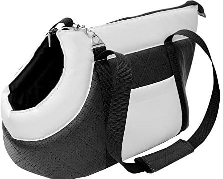 Transporttasche für Hunde und Katzen | Schultertasche für Haustiere mit Gummiband mit Karabiner | bis 12 kg | Material: Kunstleder | Größe: L | Farbe: Schwarz und Weiß