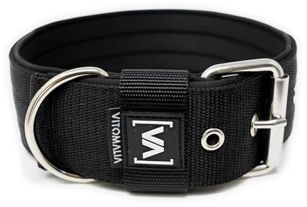 VITOMALIA® 3cm Breites Hundehalsband, Abstehende Neopren-Innenfütterung, Silberfarbene Edelstahl-Dornschnalle, Hundehalsband kleine Hunde (3cm/S = 35cm-45cm, Schwarz)
