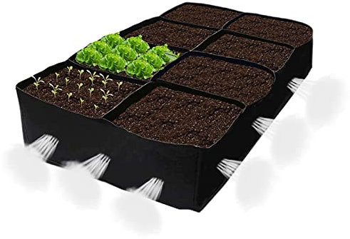 Stoff-Gartenbeet, Pflanzkasten mit 8 Gittern, schwarzer Gallonen-Pflanzgefäß, langlebige Pflanzbeutel, atmungsaktive Pflanzen, Pflanzkasten, Pflanzbehälter für die Gartenarbeit im Innen- und Außenbere