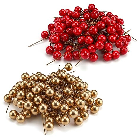 CHSEROK 200 Pezzi Bacche Rosse Natalizie, 10mm Bacche Rosse Finte, per Decorazioni Natalizie Fai da Te, Ghirlanda Fiori, Albero di Natale (Rosso e Oro)
